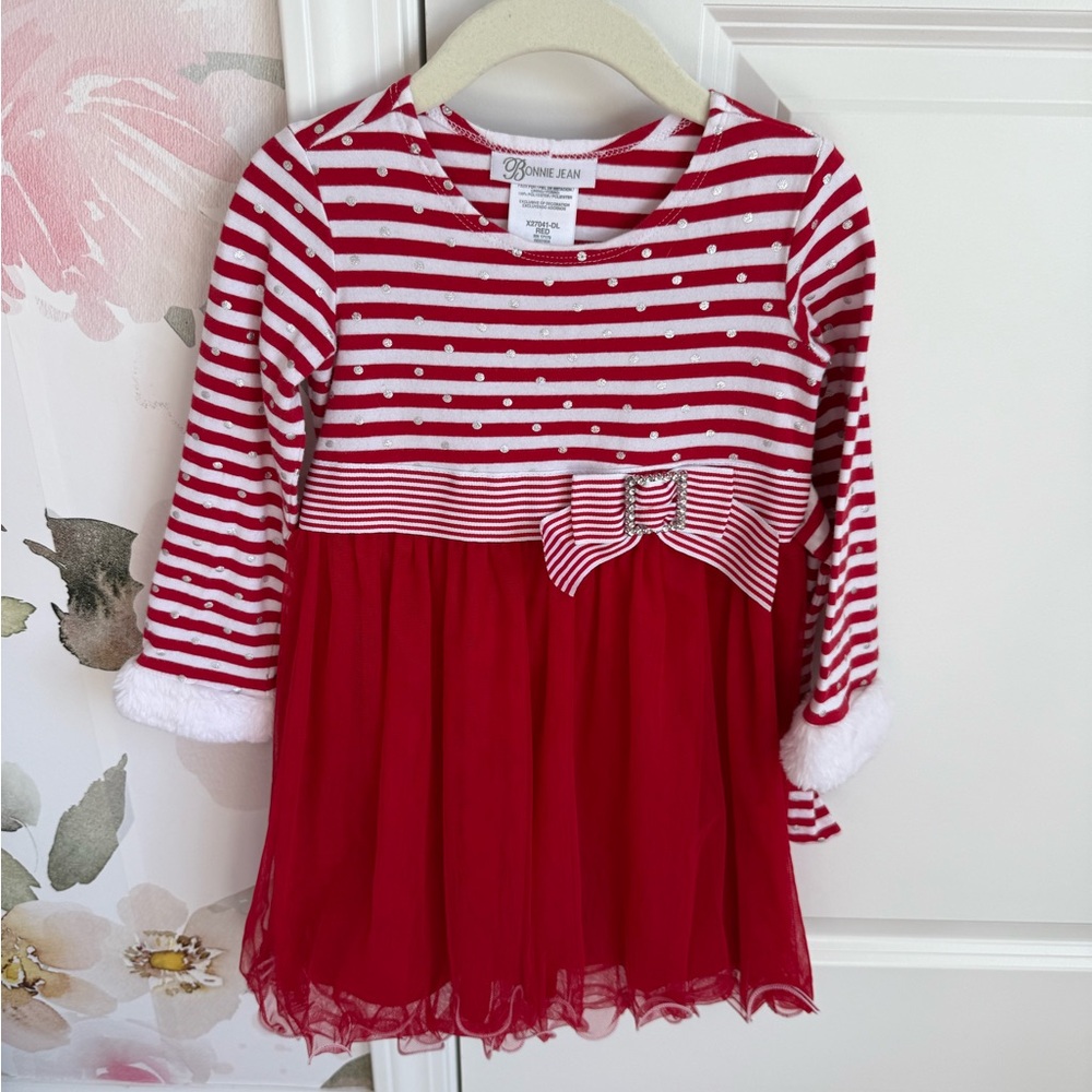 Bonnie Jean Red and White Striped Dress with Silver Dots